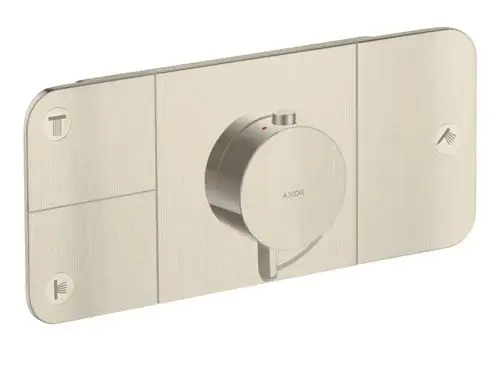 Thermostatmodul von AXOR in gebürstetem Nickel mit einem runden Regler zur Steuerung von drei Verbrauchern, montiert auf einer rechteckigen Plattenoberfläche.